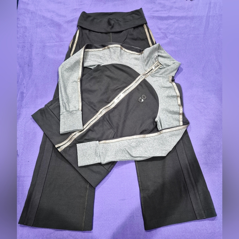 (PH8)Bebe Sport Rhinestones Logo 2-PC Dark Graphite/Grey/Taupe Jacket+Pants - S